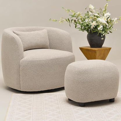 KINWELL 34" Wide 2 Boucle Swivel Barrel Chairs and 2 Ottomans Set, Fully Assembled Sherpa Accent Chairs and Footrest Set, Modern Comfy Armchairs and Footstool for Living Room and Bedroom, Taupe