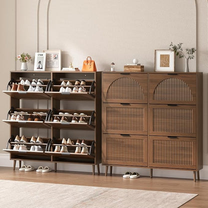 BORNOON Shoe Cabinet for Entryway with 6 Flip Drawers, Slim Wooden Shoe Storage Organizer with Modern Fluted Pannel，Freestanding Narrow Hidden Shoe Rack for Hallway, Foyer, Living Room
