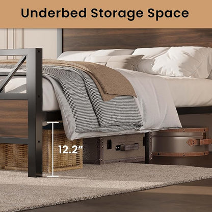 LIKIMIO Queen Bed Frame, Tall Industrial Headboard 51.2 ", Platform Bed Frame with Strong Metal Support, Solid and Stable, Noise Free, No Box Spring Needed, Easy Assembly, Walnut