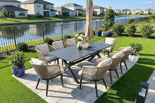 PURPLE LEAF 9 Pieces Patio Dining Set Wicker Outdoor Furniture Rectangular Table and Chairs Set for Garden Deck Aluminum Frame Backyard Kitchen Set, Cushions and Pillows Included Taupe