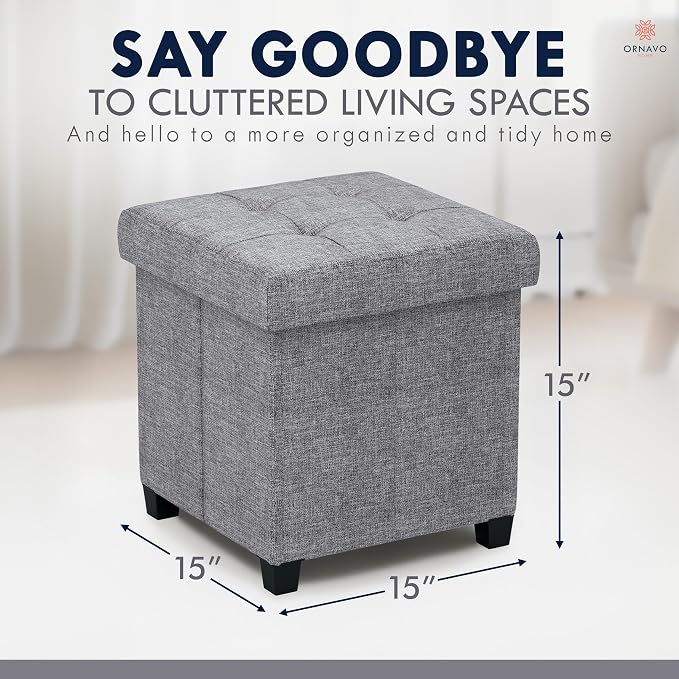 Ornavo Home Storage Ottoman with Legs, Square Cube Foot Rest Stool Seat, for Living Room, Bedroom, Home Office, Dorm - 15 x 15 x 15, Gray