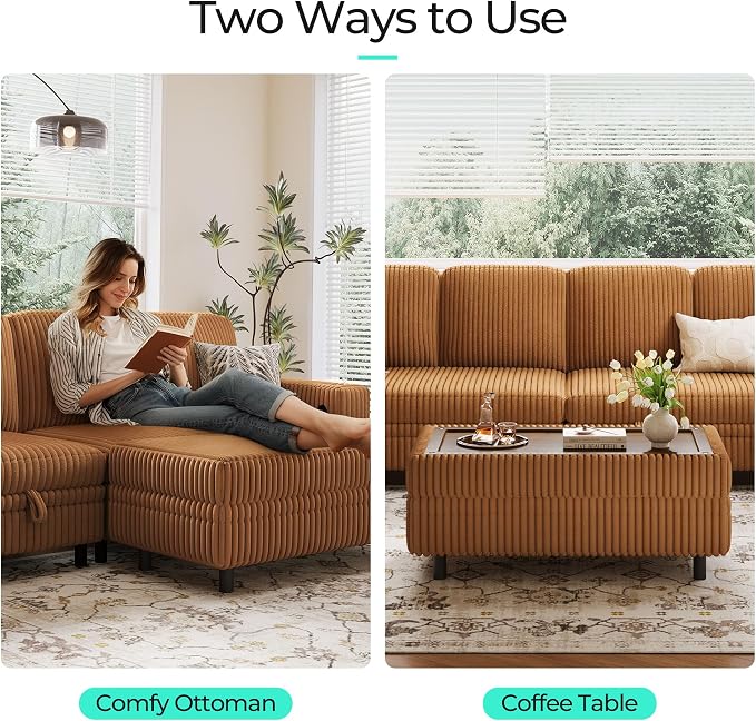 LINSY HOME Sectional Sleeper Sofa with Pull Out Couch Bed for Living Room (Brown) | Plush Corduroy