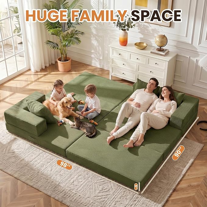 79" Modular Sectional Sofa, Boneless Convertible Sleeper Sofa Bed, Modern Tri-Folding Cloud Couch with L-Shape Chaise, Corduroy Futon for Living Room Small Spaces Apartment, No Assembly,Green