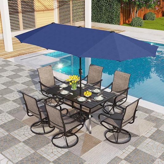 PHI VILLA 8 PCS Patio Dining Set with 13ft Blue Patio Table Umbrella for 6, 1 Rectangle Metal Table and 6 Outdoor Swivel Patio Chairs, Garden Dining Fruniture Set for Lawn Deck(No Umbrella Base)