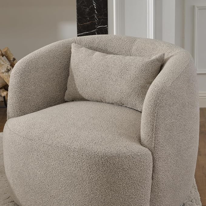 KINWELL 34" Wide Boucle Swivel Barrel Chair, No Assembly Round Upholstered Armchair Accent Chair Single Sofa Chair with Toss Pillow for Living Room and Bedroom, Taupe