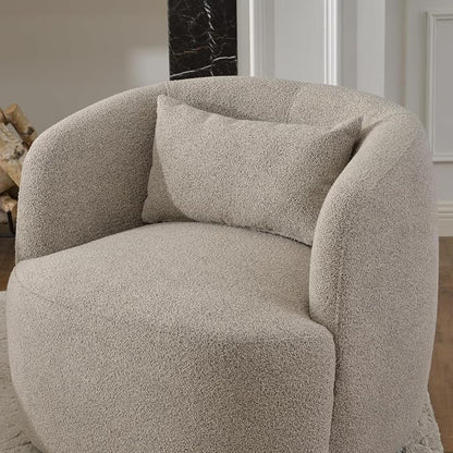 KINWELL 34" Wide Boucle Swivel Barrel Chair, No Assembly Round Upholstered Armchair Accent Chair Single Sofa Chair with Toss Pillow for Living Room and Bedroom, Taupe