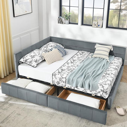 Bellemave Queen Size Corner Bed Frame with Storage Drawers, Comfortable Backrest and Armrests, Velvet Tufted Corner Bed Frame Queen Size, Upholstered Daybed for Bedroom, Living Room, Guest Room, Gary