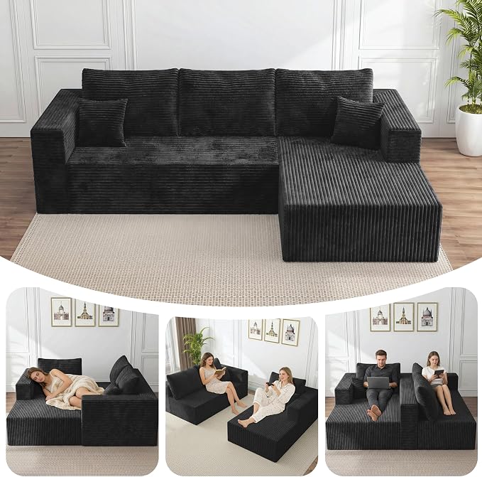 92.5" Cloud Sectional Couch with L-Shape Chaise, Modern Corduroy Boneless Couch for Living Room,Memory Foam Sofa with Deep Seat,No Assembly Required Washable Covers