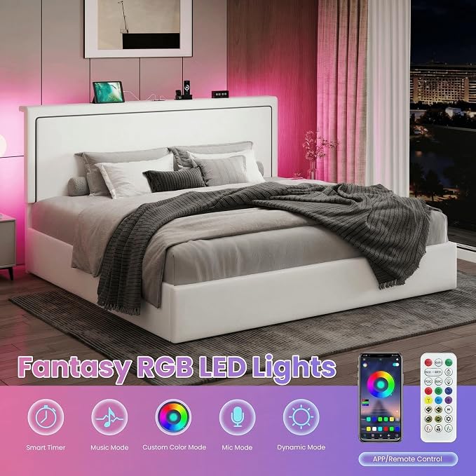SHA CERLIN King Size Hydraulic Lift-Up Storage Platform Bed Frame with Charging Station, RGB LED Lights, Adjustable Velvet Headboard, USB-A and USB-C Ports, No Box Spring Needed, White