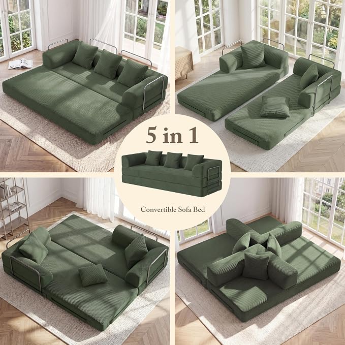 89" Cloud Boneless Convertible Sofa Bed, 5-in-1 Foldable Compressed High-Density Sponge Sofa, Corduroy Fabric 3 Seater Sleeper Couch Futon Daybed for Living Room Bedroom (Green)