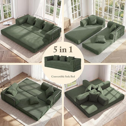 89" Cloud Boneless Convertible Sofa Bed, 5-in-1 Foldable Compressed High-Density Sponge Sofa, Corduroy Fabric 3 Seater Sleeper Couch Futon Daybed for Living Room Bedroom (Green)