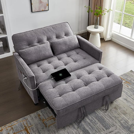 Convertible Sofa Bed, 3 in 1 Pull Out Couch, Loveseat Sleeper with Side Pocket, Sleeper Sofa with Adjustable Backrest | USB Charging Port | Two Pillows | Fabric | Light Grey