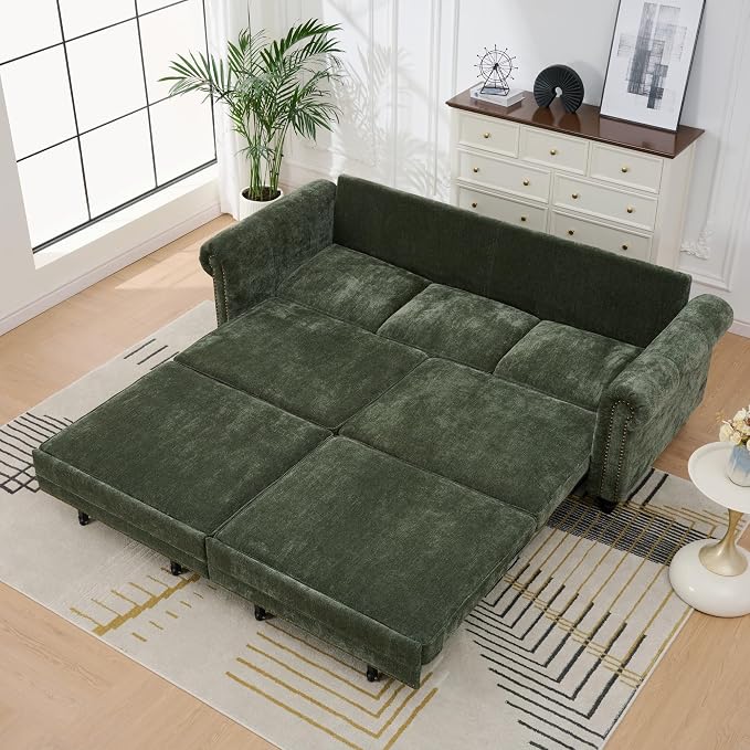 KEIKI King Size Pull Out Sofa Bed 3 in 1 Classic Modern Convertible Sleeper Chenille Upholstery Nailhead, Rolled Arm Sturdy Metal Frame 600 lbs for Living Room Apartment Office Small Spaces, Green