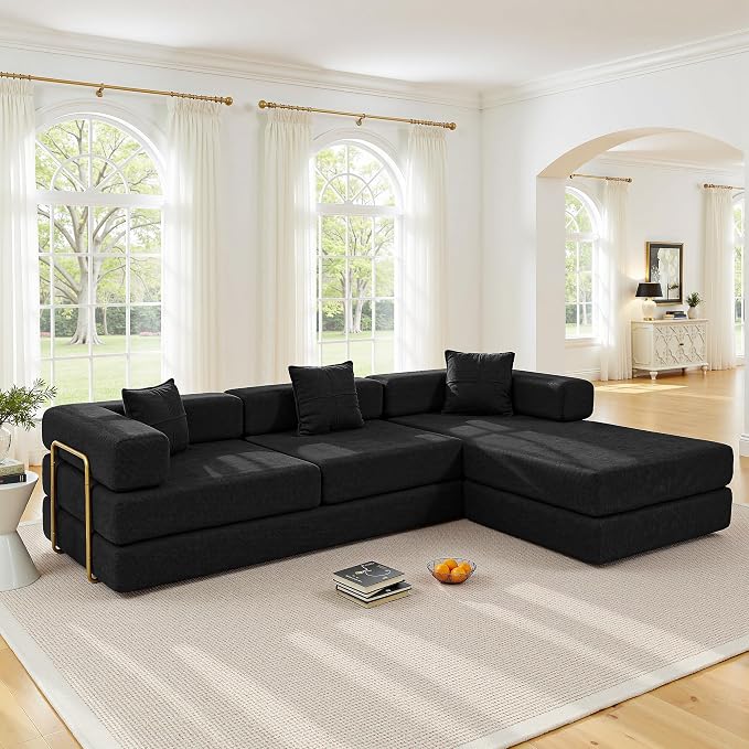 ivoros 108" Oversized Convertible Sleeper Sofa Bed, Corduroy L Shape Sectional Couch, Folding Sofa Bed with Fixed-Shape Frame, Modern Cloud Floor Mattress Couch, Modular Sofa for Living Room, Black