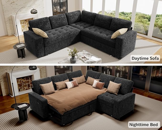 Vipbear 5 Seat L Shaped Modular Sectional Sleeper Sofa Bed with Pull Out Bed/Reclining Backrest/USB Ports/Storage Seat, Sectional Sleeper Couch, Tool-Free Assembly, Chenille Black