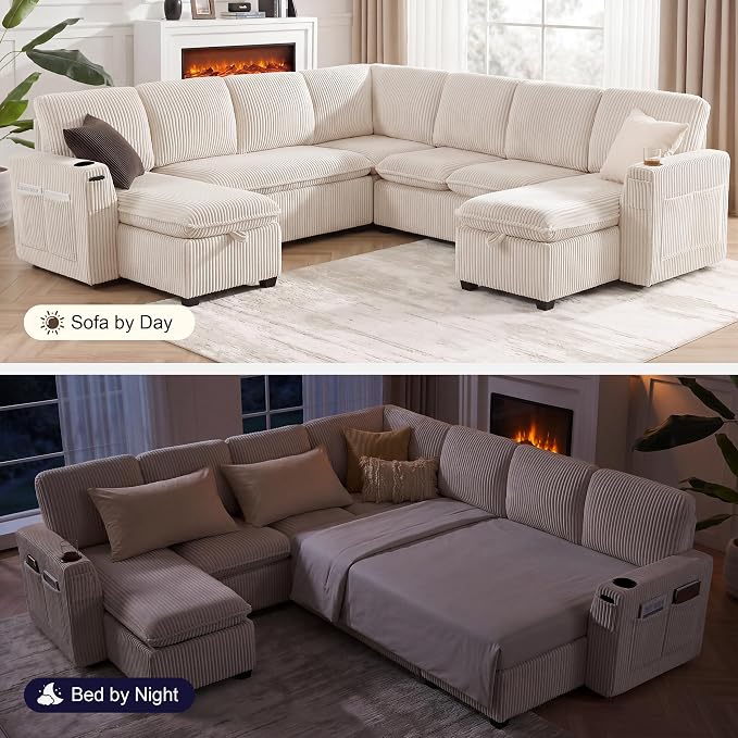Oversized Sectional Sleeper Sofa with Pull Out Bed, Plush Corduroy 9 Seat Modular Sofa with Storage Chaise and Adjustable Backrest, Cloud Couches for Living Room, Apartment, Beige