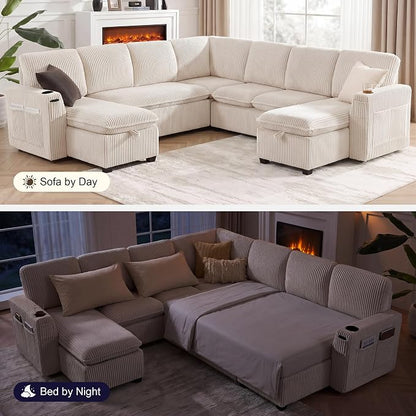 Oversized Sectional Sleeper Sofa with Pull Out Bed, Plush Corduroy 9 Seat Modular Sofa with Storage Chaise and Adjustable Backrest, Cloud Couches for Living Room, Apartment, Beige