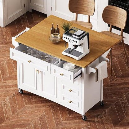 Large Kitchen Island with Rubber Wood Drop Leaf, Rolling Kitchen Cart with Ample Storage on Wheels with Doors and Drawers, Embossed Texture for Dining Room (52Inch, White, Golden Handle)