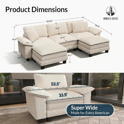 HERA'S HOUSE 124" Oversized Modular Sectional Sofa, Comfy U Shaped Couches for Living Room, Cloud Couch with Ottoman, 5-Seater Deep Seat Sofa with Throw Pillow, Corduroy Beige