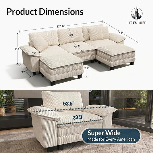 HERA'S HOUSE 124" Oversized Modular Sectional Sofa, Comfy U Shaped Couches for Living Room, Cloud Couch with Ottoman, 5-Seater Deep Seat Sofa with Throw Pillow, Corduroy Beige