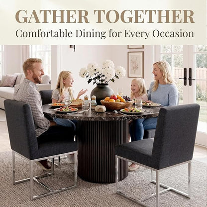 HNY Modern Dining Chairs Set of 4, Upholstered Linen Dining Room Chairs with Ergonomic Back & Polished Silver Metal Frame for Home, Kitchen, Apartment, Charcoal Black