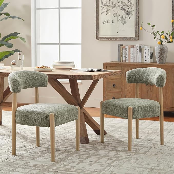 VKNOW Wooden Dining Chairs Set of 2, Modern Upholstered Dining Room Chairs with Rubberwood Legs and Curved Backrest, Fabric Kitchen Chairs for Farmhouse/Living Room/Dining Room, Green