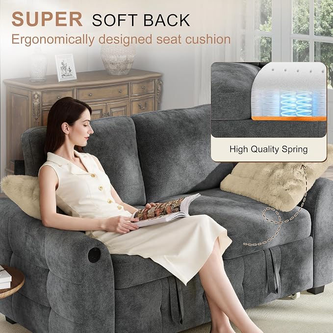 Hanherry 59" Loveseat Couch with Pull Out Sofa Bed, Chenille 2-in-1 Convertible 2 Seater Sleeper Sofa with USB Charging,Comfy Love Seat for Small Spaces Living Room Apartment