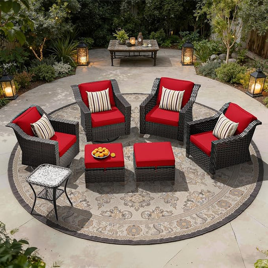 7 Pieces Patio Conversation Furniture Set - 2 Armchairs, 2 Ottomans, 2 Swivel Chairs, 1 Side Table, Outdoor Wicker Furniture with Removable Cushions for Porch, Balcony, Sunroom (Red)