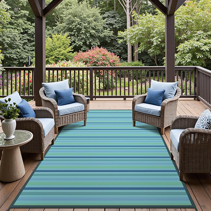 GENIMO Outdoor Rug for Patio Clearance, 6'x9' Reversible Plastic Straw Rugs, Lightweight Waterproof RV Camping Mat for Camper, Balcony, Deck, Backyard, Picnic, LightBlue