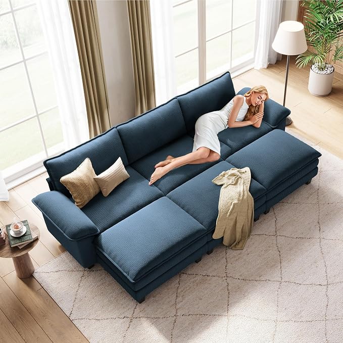 LINSY HOME 123'' Modular Sectional Sofa 3 Seat Couch Corduroy Cloud Couch with Deep Seat, Modern Cloud Couch with 3 Movable Ottoman for Living Room, Office, Bedroom, Blue