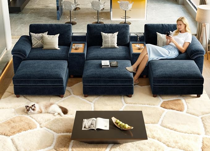 SITJOY Large Cloud Couch, 146" Wide 3 Seater Bed with Console, Navy Blue | Detachable and Washable Chenille Cover Sectional Sofas for Living Room, Deep Seat Wide Couch with Chaise, Storage Ottoman