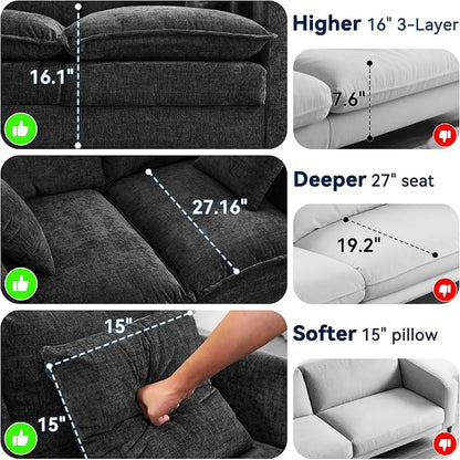 Loveseat Sofa Couch 2 Piece Set, Small Compact 50" Love Seat 27" Deep Cloud Sofa Set Washable Chenille Pillow Living Room Set for Apartment Office 8833-BLACK-2+2