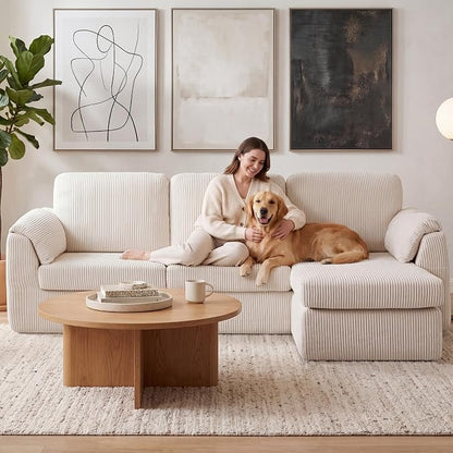 Sectional Couches for Living Room Cloud Couch with Ottoman, Upholstered Boneless Couches Modern Modular L Shaped Couch 3 Seater Sofa, No Assembly Required, Washable Covers, White