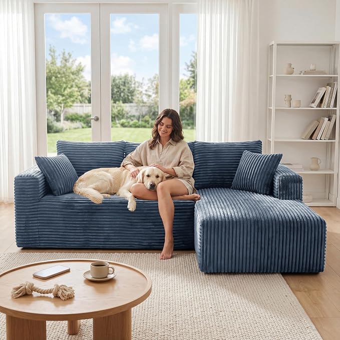92.5" Modualr Sectional Sofa, L-Shape Corduroy Cloud Couch with Chaise,Upholstered Memory Foam Boneless Couch for Living Room, No Need Assembly,Blue(Right Facing Chaise)