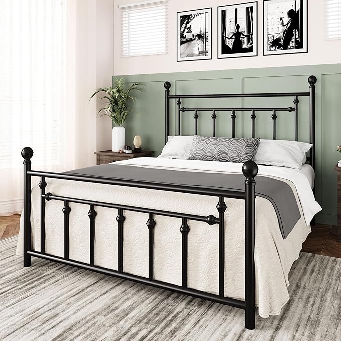 Allewie 14 Inch Full Size Metal Platform Bed Frame with Victorian Vintage Headboard and Footboard/Mattress Foundation/Under Bed Storage/No Box Spring Needed/Easy Assembly/Noise Free/Black