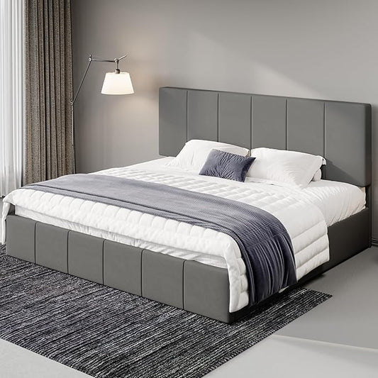 Allewie King Size Dutch Velvet Upholstered Platform Bed Frame/Vertical Channel Tufted Adjustable Headboard/Low Profile Bed Frame/No Box Spring Needed/Easy Assembly/Grey