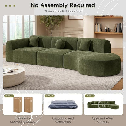 Merax 3-Piece 140" Sectional Modular Sofa Set, 4 Seat Curved Modern Cloud Couch with Chaise Lounge, 3 Pillows, Fully Assembled High-Density Compressed Sponge for Living Room, Green