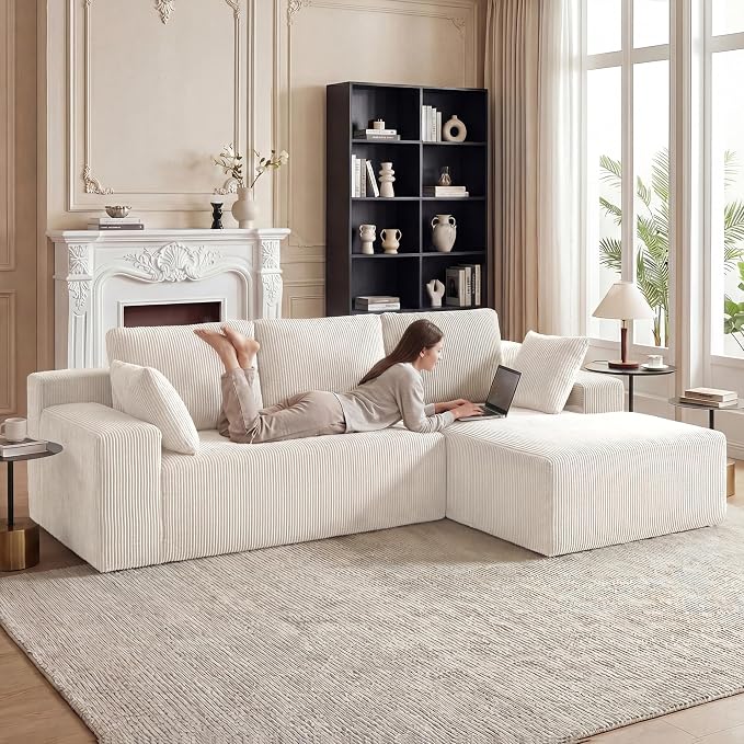 GRUSIGN Cloud Sectional Boneless Couches for Living Room, Modular L Shaped Couch with Deep Seat Oversized Right Facing Chaise, Memory Foam Compressed Spineless 3 Seater Sofa for Apartment, Beige