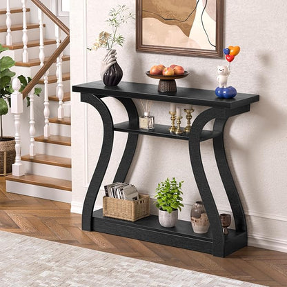Wooden Console Table with Curved Legs and Shelf, 3-Tier Modern Accent Narrow Sofa Table for Entrance Area, Living Room, Hallway, 47 in Wide Wood Console Table for Entryway (Black)