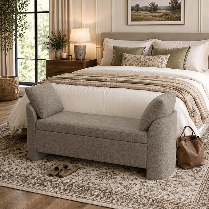 Usaint 58.3" Storage Ottoman Bench with Pillows, Upholstered End of Bed Bench with Arms, Footrest Stool Bench for Bedroom, Living, Window, Entryway and Hallway, Brown