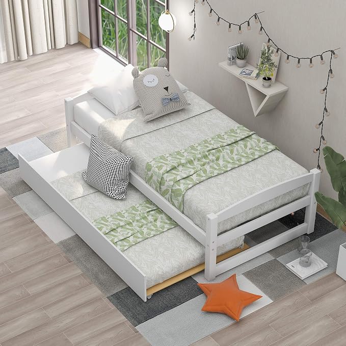 Merax Multifunctional Wood Daybed with Trundle Sofa Day Bed with Headboard/Space Saving/No Box Spring Needed White