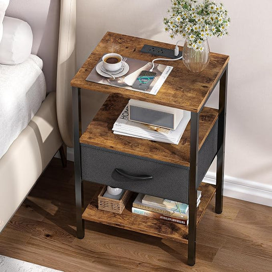 SUPERJARE Nightstand Set of 2, Bed Side Tables with Charging Station, Adjustable Fabric Drawer, Night Stand for Bedroom, 3-Tier Storage End Tables, for Living Room, Rustic Brown and Black