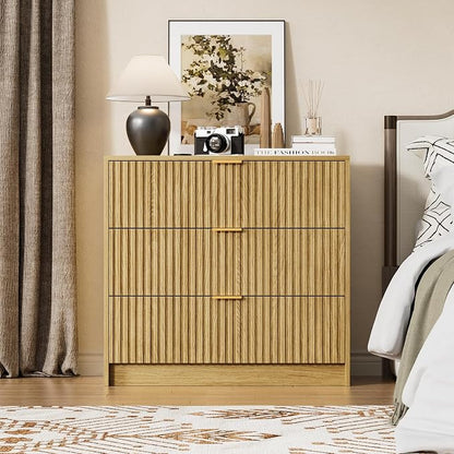 Furniway 3 Piece Bedroom Set, 9 Drawer Dresser and 3-Drawer Nightstand Set of 2 with Gold Handles, Mid-Century Modern Wood Chest of Drawers Storage Cabinet for Bedroom, Natural Oak