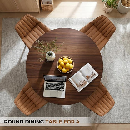 Miereirl 47.3 Inch Round Dining Table Set for 4, Round Kitchen Table with Chairs, Space Saving Dining Room Table Set with Storage Shelf for Apartment Kitchen Dining Room, Walnut Table+4 Brown Chairs