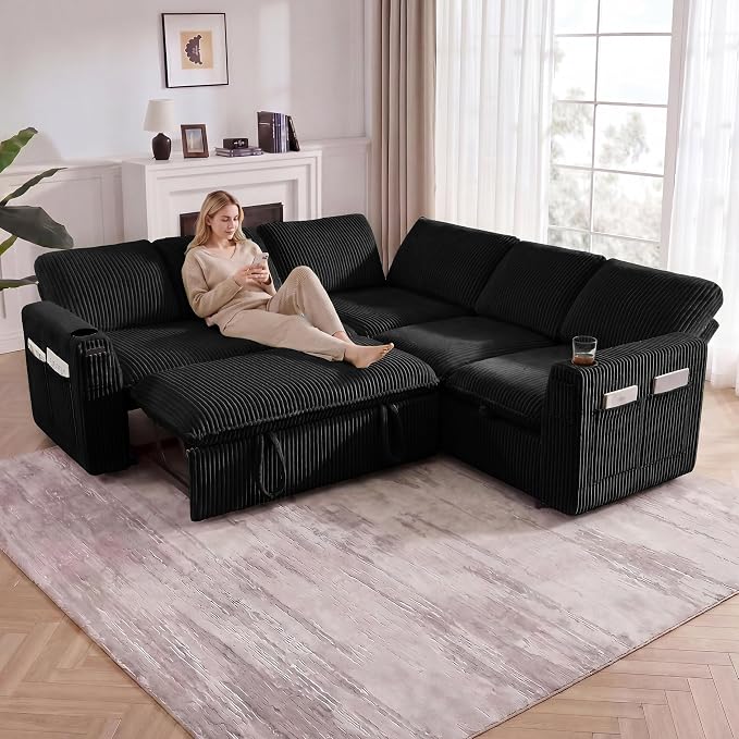 Sectional Sleeper Sofa with Pull Out Bed, Plush Corduroy 5 Seat Modular Sectional Sofa with Storage Chaise and Adjustable Backrest, Cloud Couches for Living Room, Apartment, Black