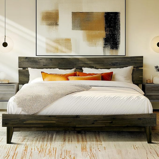 Acacia Aurora Wooden Bed with Headboard, King Size Bed Frame, 800lbs Capacity Wood Bed Compatible with All Mattress Types, Non-Slip & Noise-Free, Wood Slats Support, Easy Assembly, Mocha.
