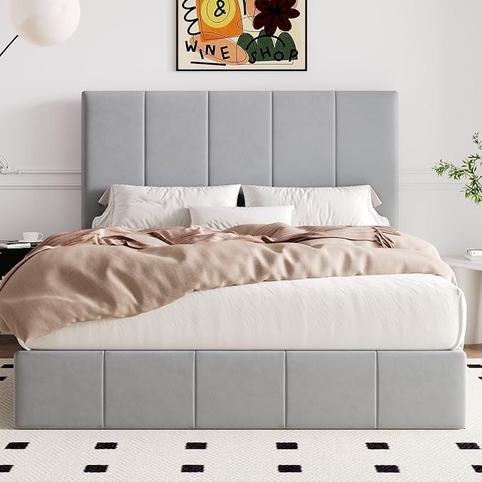 Allewie Queen Size Velvet Lift Up Storage Bed Frame, Vertical Channel Tufted Headboard, Hydrualic Underneath Storage, Upholstered Platform Bed, Wooden Slats Support, No Box Spring Needed, Gray