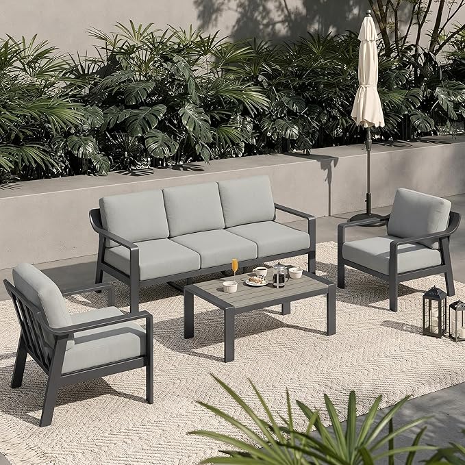 KISLOT Aluminum Outdoor Patio Furniture Set with Coffee Table,5 Seater Patio Conversation Sets with Washable Thick Cushions,Outdoor Sectional Furniture Set for Poolside, Balcony,Gray Aluminum Frame
