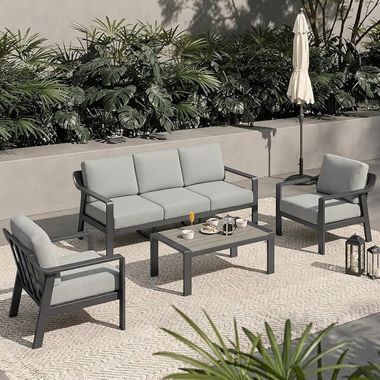 KISLOT Aluminum Outdoor Patio Furniture Set with Coffee Table,5 Seater Patio Conversation Sets with Washable Thick Cushions,Outdoor Sectional Furniture Set for Poolside, Balcony,Gray Aluminum Frame
