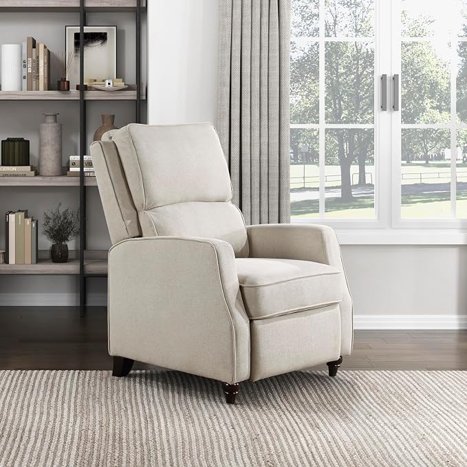 Lexicon Push Back Recliner Chair, Manual Accent Recliner with Track Arms & Bun Feet, Deep Cushioned Comfort, Modern Fabric Reclining Armchair for Living Room, Bedroom & Office, 29.5" W - Beige